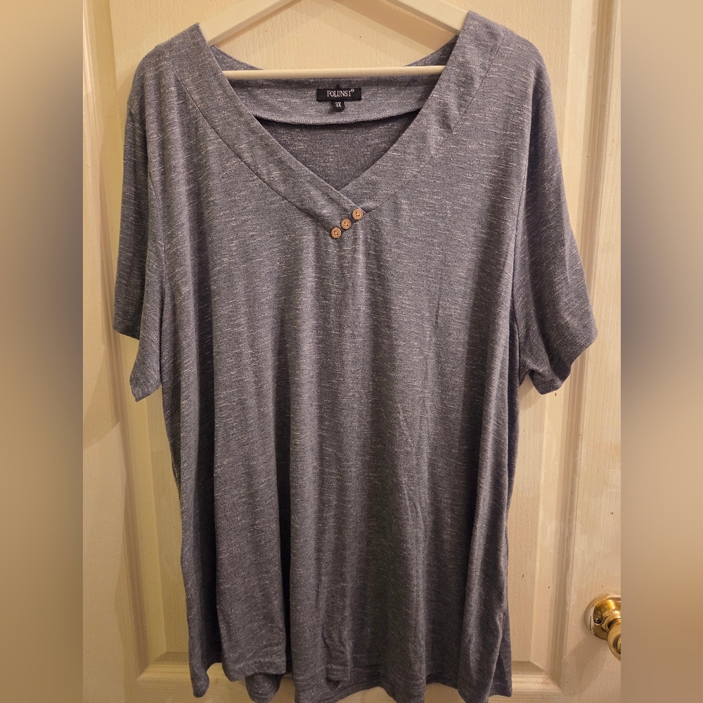 Light Blue V-Neck Short Sleeve Top with Button Detail